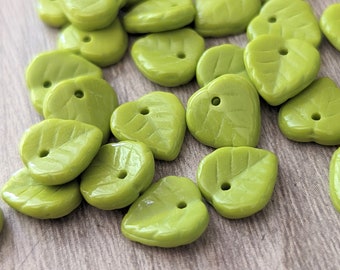 25/50/100 Pcs Chartreuse Small Leaf Beads Czech Glass Bright Green Wasabi Gaspeite Opaque - 9mm
