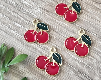 Cherry Fruit Red Enamel and Alloy Metal Charm 15x15mm (10 Pcs)