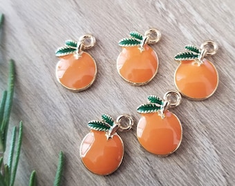 10 Pcs Orange Fruit with Leaves Enamel Charm Pendant Gold-Tone Citrus - 15mm