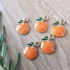10 Pcs Orange Fruit with Leaves Enamel Charm Pendant Gold-Tone Citrus - 15mm