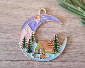 4+ Pcs Cabin in the Woods Round Crescent Moon Enamel Pendant Charm Forest - 27mm