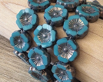Green Turquoise Opaque with Bronze Finish - Hibiscus Czech Flower Beads - 12mm