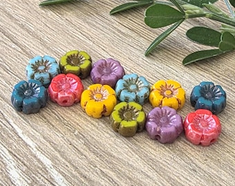 Rainbow Mix Tiny 7mm Hibiscus Flower Beads - Blue Red Yellow Pink Green - Czech Glass - 7mm