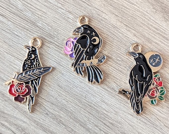 4+ Pcs Raven Crow with Rose Enamel Charm - 3 Styles- Black Bird Night Sky Crescent Moon - 26mm