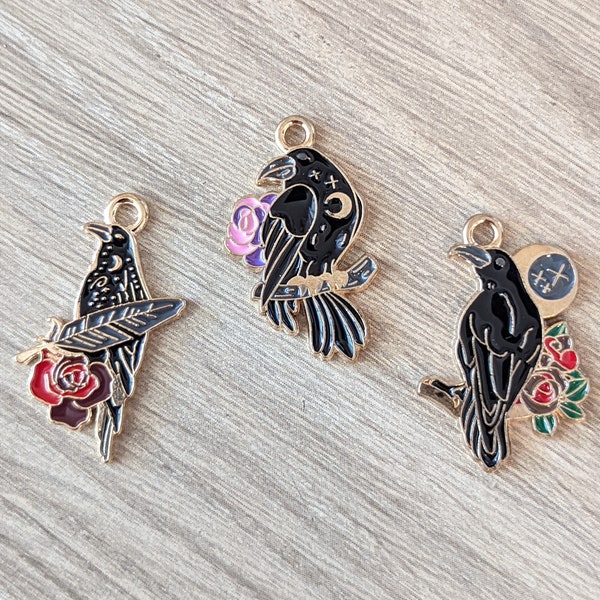 4+ Pcs Raven Crow with Rose Enamel Charm - 3 Styles- Black Bird Night Sky Crescent Moon - 26mm