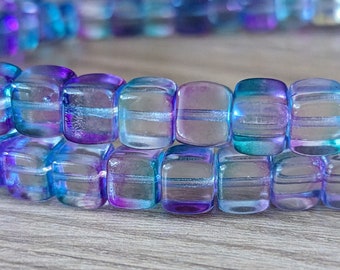 12 Pcs Aqua Lilac Mix Transparent AB Finish Cube Beads - Blue Green Purple - Czech Pressed Glass - 7x8mm