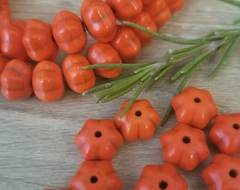 Pumpkin Beads - Orange Dyed Turquoise Carved Melon Fluted Squash Beads - 10mm - 1/2 Strand or Full Strand
