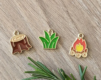 6 Pcs Outdoor Camping Nature Enamel Charms - Fire Stump Grass - 15-18mm