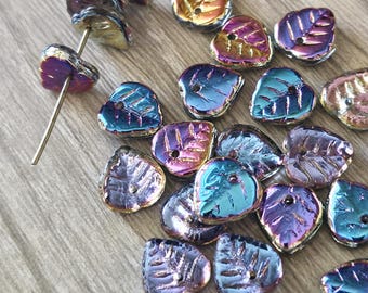 Blue Rainbow Metallic AB Finish - Small Heart Shaped Leaf Beads Czech Glass - 9mm
