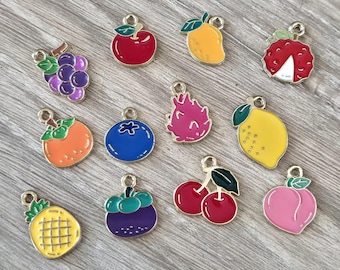 12 Pcs Fruit Collection #5 Enameled Charms - Blueberry Apple Grapes Dragonfruit Persimmon Lychee Mango - 11mm-18mm