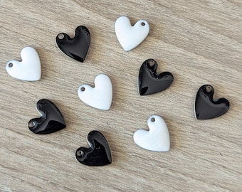 6 or 12 Pcs Enamel Copper Heart Charms - Black or White - 10mm