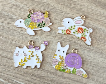 4 Pcs White Turtle Snail Rabbit Cat with Garden Flowers Enamel Charms - Colorful Detailed 4 Styles - 28mm