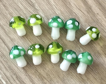Green Mushroom Toadstool Glass Beads - Two Colors - 10x13mm
