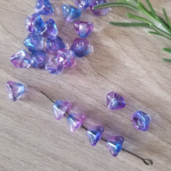 20 pcs Blue Violet Mix 6x8mm Transparent Purple Blue Czech Bell Flower Beads
