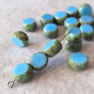 6+ Pcs Aqua Silk with Green Brown Picasso Finish - Table Cut Faceted Oval Round Czech Glass Beads - 10mm