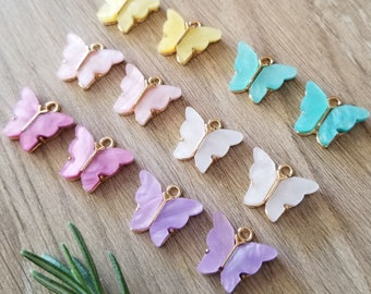 8 or 12 Pcs Acrylic Butterfly Charms Pearlized Shimmer Pastel Colors Pink Lavender Yellow White Aqua - 16mm