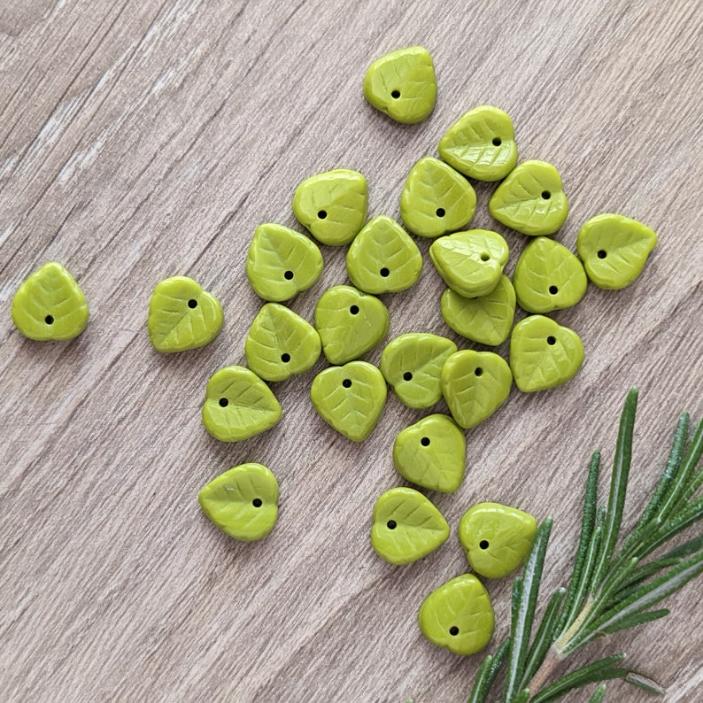 25/50/100 Pcs Chartreuse Small Leaf Beads Czech Glass Bright Green Wasabi Gaspeite Opaque 9mm image 3