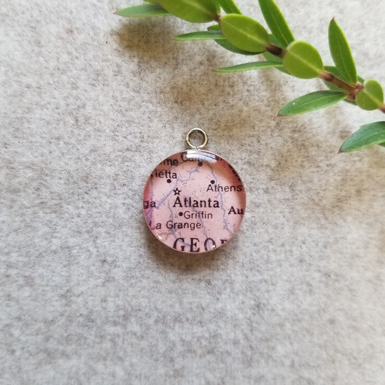 15mm Round Destash Vintage Map Pendant Sterling Silver Resin ATLANTA Georgia