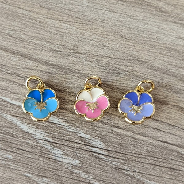 2+ Pcs Pansy Enamel Flower Charm 18K Gold Plated Pendant Violet Blue Pink Purple 10mm