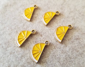 10 Pcs Lemon Wedge Slice Enamel Charm Pendant Gold-Tone Yellow Citrus - 17mm