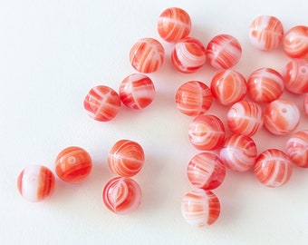 20 Stück Rot-Orange Weiß Gestreifte Opake Böhmische Glas Runden Perlen - 8mm