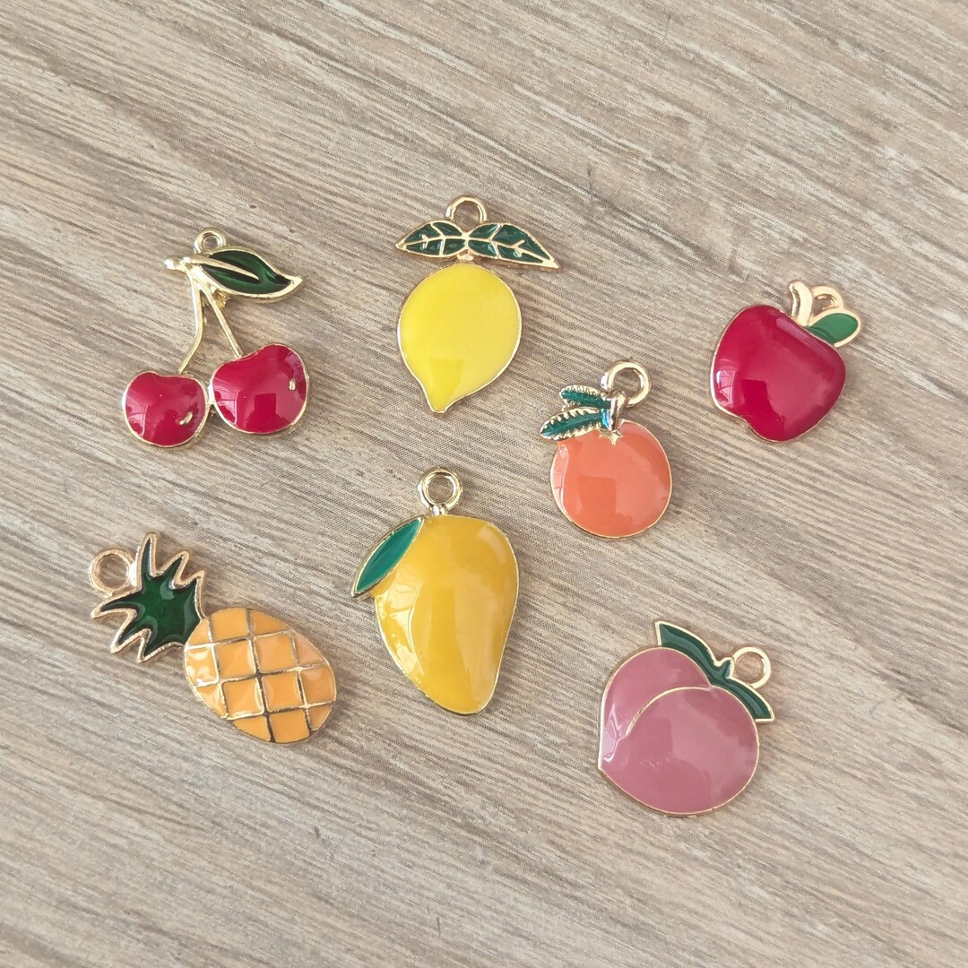 7 Pcs Fruit Collection #2 Enameled Charms - Mango Peach Apple Orange ...