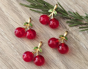 4 Pcs Glass Cherry Fruit Pendants 3D Gold with Green Enamel Leaves - 19mm