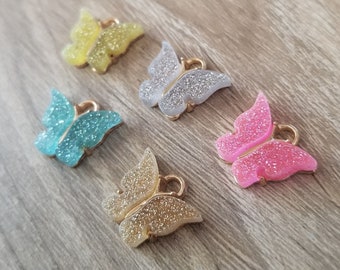 4+ Pcs Acrylic Butterfly Charms Glitter Pastel Colors Pink Silver Gold Yellow Aqua - 15mm