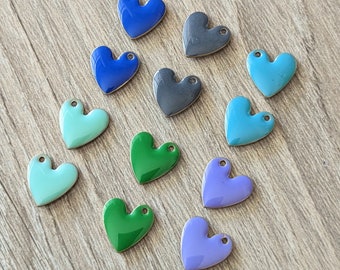 6 or 12 Pcs Enamel Copper Heart Charms - Blue Green Mint Lavender Gray - 10mm