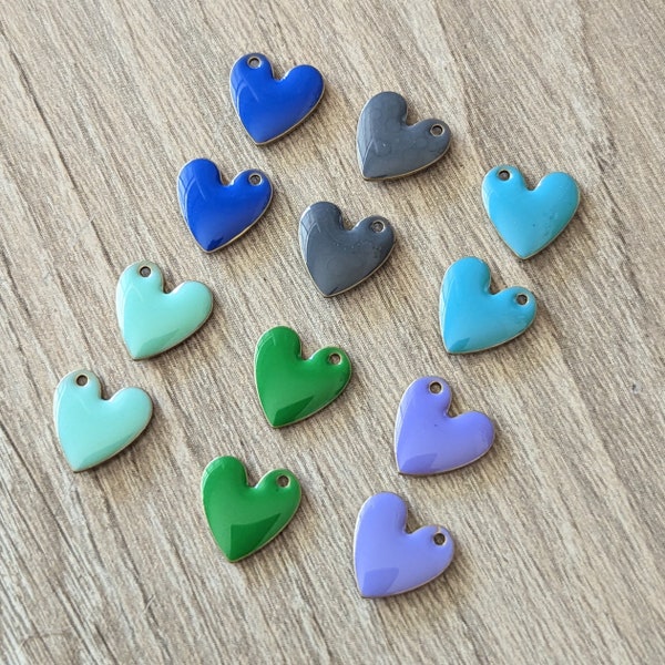 6 or 12 Pcs Enamel Copper Heart Charms - Blue Green Mint Lavender Gray - 10mm