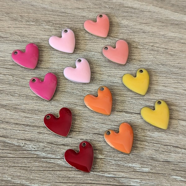6 or 12 Pcs Enamel Copper Heart Charms - Pink Red Yellow Orange - 10mm