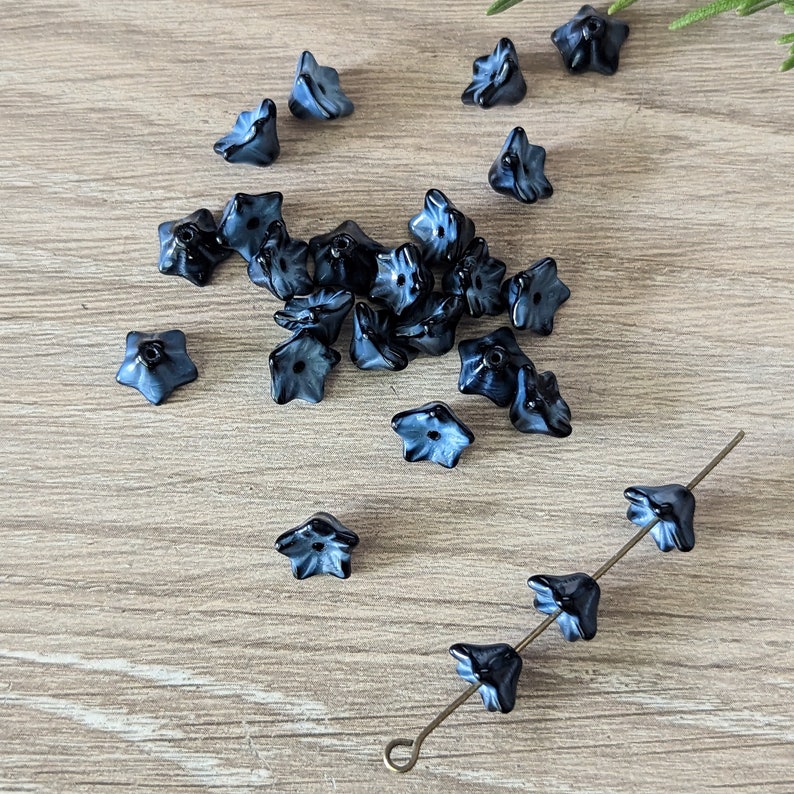 25 Pcs Jet Black and Blue Gray Mix 5 Point Bell Flowers Czech Pressed Glass Beads 6x9mm image 5