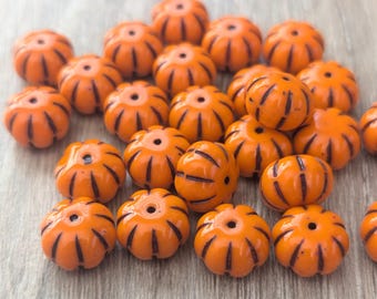 10 oder 20 Stück Kürbis Perlen Opak Orange mit Schwarz Picasso Finish Tschechische Glas Geriffelte Melon Perlen 11 mm