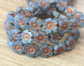 8 or 16 pcs Slate Blue with Copper Wash - Czech Table Cut Small Hibiscus Flower Beads - 9mm