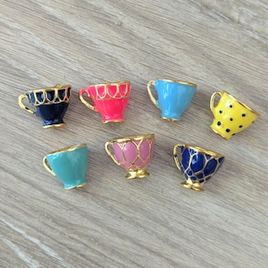 Imperfect Seconds - 6 Pcs Teacup 3D Enamel Pendant Bead Charm - Pink, Aqua, Yellow, Navy over Gold-Tone Metal - 12 x 16mm