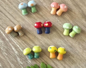 Colorful Ceramic Mushroom Beads - Green Pink Red Blue Brown - 13x10mm (4 pc)
