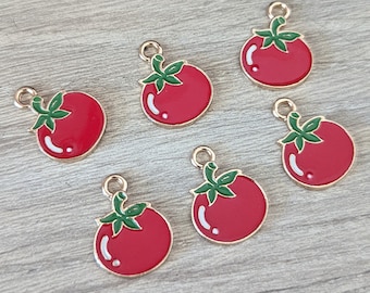 5 or 10 Pcs Red Tomato Enamel Charm Gold-Tone - Summer Veggie Garden - 17mm