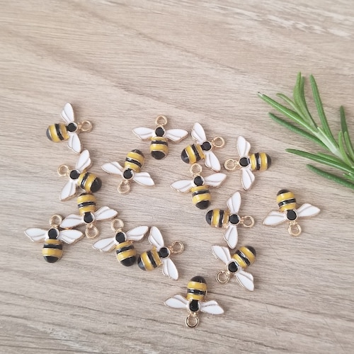 Honey Bee Enameled Charms Black Yellow White Wings - 15mm