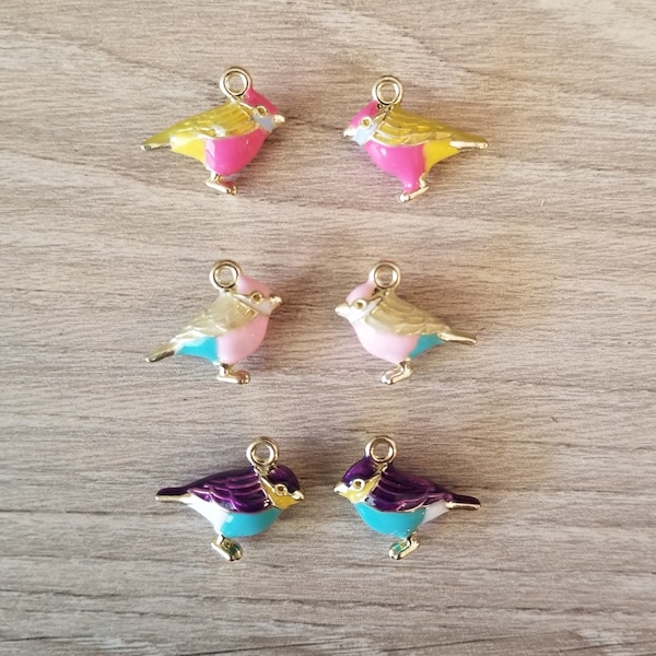 2+ Pcs Enamel Bird Charms Pendant Bright Tropical Colors Pink Teal Purple Yellow - 17mm