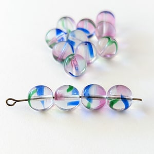 10+ Pcs Blue Pink Green Clear Striped Marbles - Czech Glass Round Beads - 10mm
