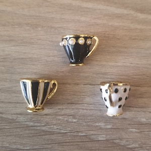 2+ Pcs Teacup 3D Enamel Pendant Bead Charm - Black and White Stripes Polka Dots over Gold-Tone Metal - 14 x 17mm