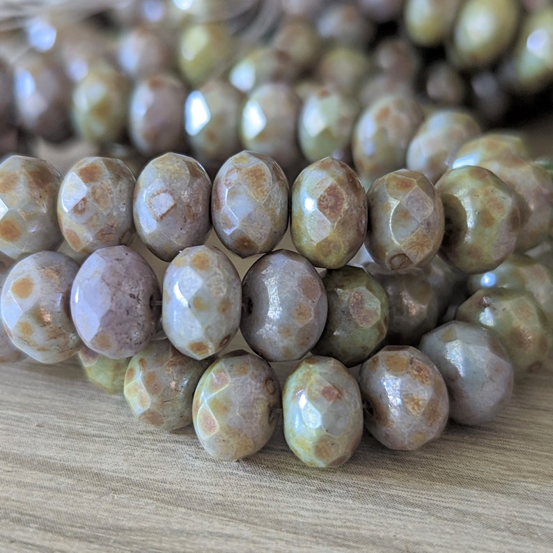 10 or 25 Pcs Greenstone Finish 2 Czech Fire Polished Faceted Rondelle Beads Sage Green with Luster 9x6mm image 2