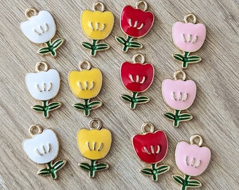 6 or 12 Pcs Tulip Flowers - Red Pink Yellow White Enamel Charms - 19mm