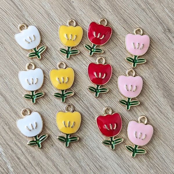 6 or 12 Pcs Tulip Flowers - Red Pink Yellow White Enamel Charms - 19mm