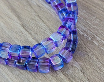 12 Pcs Blue Lilac Mix Transparent AB Finish Cube Beads - Czech Pressed Glass - 7x8mm