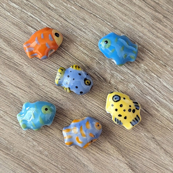 2 Pcs Ceramic Fish Beads - Hand Painted - Orange Yellow Aqua Blue - 13x18mm