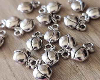 10 Pcs Small Silver Peach Charms Double Sided - 13mm