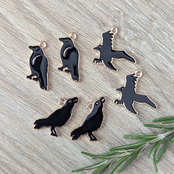 10 or 12 Pcs Raven Crow Blackbird Enameled Charms Black Bird Charms- 3 Styles - 23mm