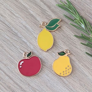 4 Pcs Apple Lemon or Pear Large Enamel Fruit Charms - Red Yellow Green - 20-29mm