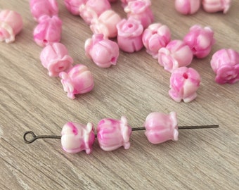 20+ Pcs Resin Tulip Beads - Fuchsia Pink Variegated - Spring Bell Flower - 8mm